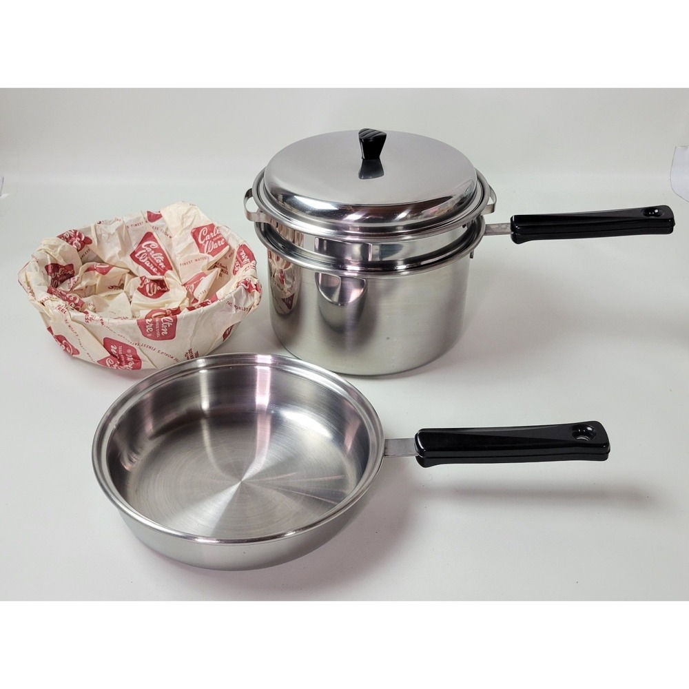 Carlton Ware Stainless Steel Cookware Set 8" Pot Double Boiler Steamer & Skillet